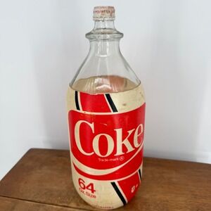 Coca-Cola Glass Bottle 64 oz Red Vintage Styrofoam Wrap 12" 1970s With Cap